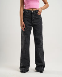 Acid Washed Black Flared Denim